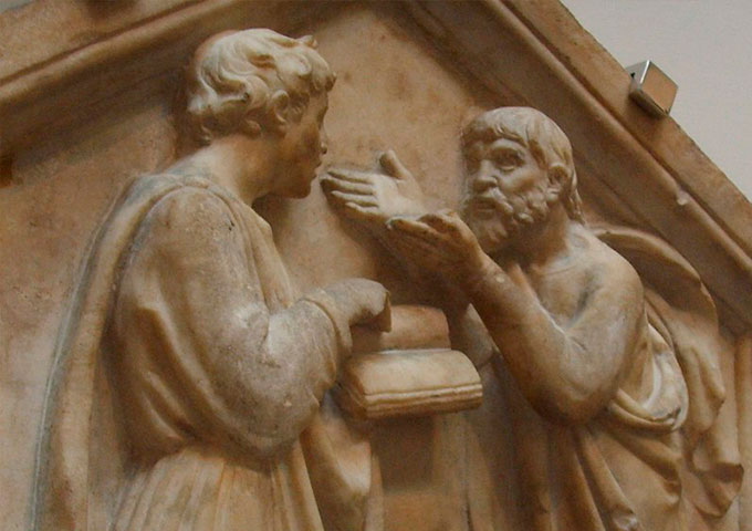 Platón enseñando a Aristóteles, por Luca della Robbia - De I, Sailko, CC BY 2.5