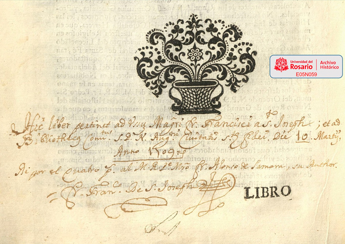 Marcas de propiedad de fray Francisco de San José, bajo una viñeta.