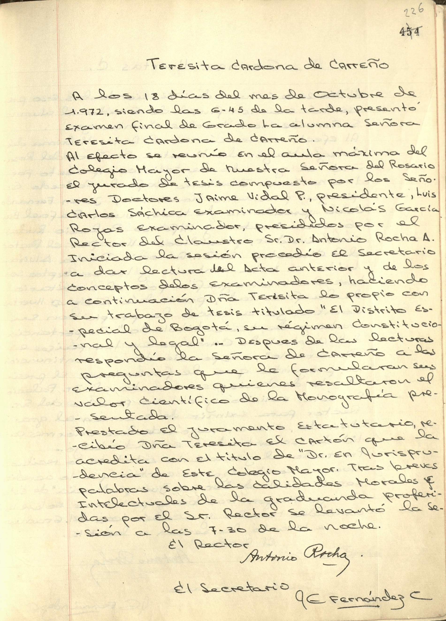 Acta de grado de Teresita Cardona, 1972. AHUR, Volumen 785, folio 226 recto.