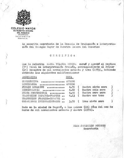 Certificación de María Yolanda Medina,1974. AHUR, V. 925 CARPETA 6 F. 5