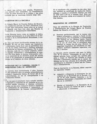 Escuela de Traducción Programa, 1971. AHUR, Volumen 909, carpeta 7, folios 27-28.