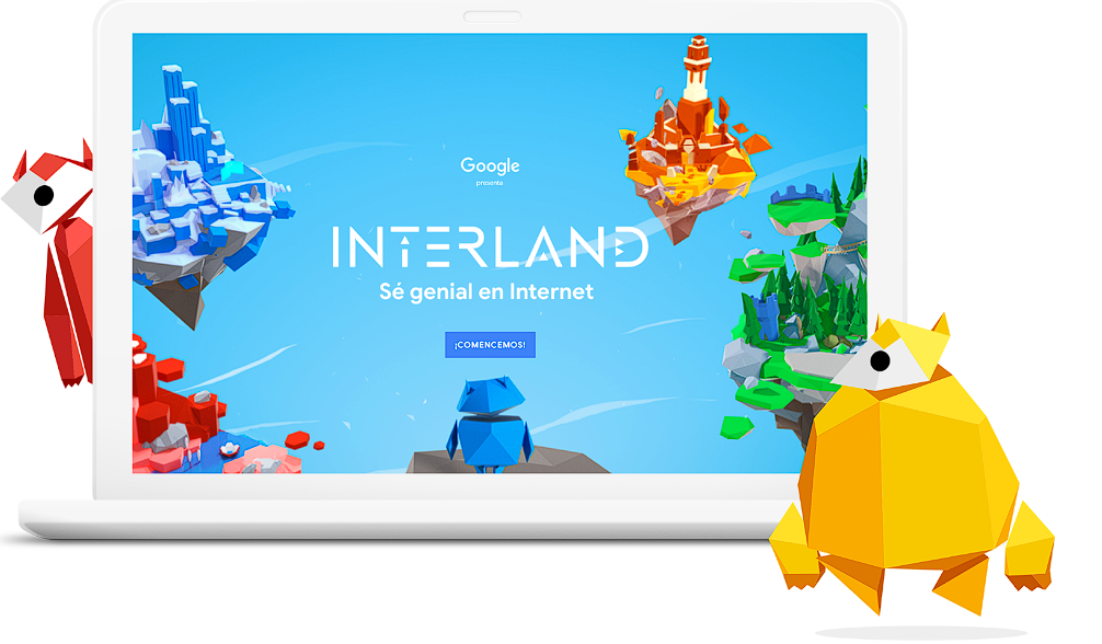  Interland by Google- Imágen con los personajes, robots: Amarillo, Rojo, Azul y Verde.