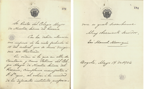 Respuesta al rector del Colegio Mayor del Rosario, 1904. AHUR, Caja 77, folio 172 y 174.