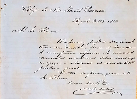 El Dr. Madiedo, profesor de Derecho internacional, Ciencia y Derecho constitucional, informa el desempeño de sus clases en septiembre de 1868.