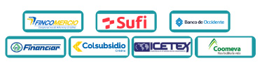 Logotipos de entidades financieras que ofrecen financiación estudiantil: Crédito Estudiantil Rosarista, Fincomercio, Sufi, Banco de Occidente, Financiar, Colsubsidio, ICETEX y Coomeva.