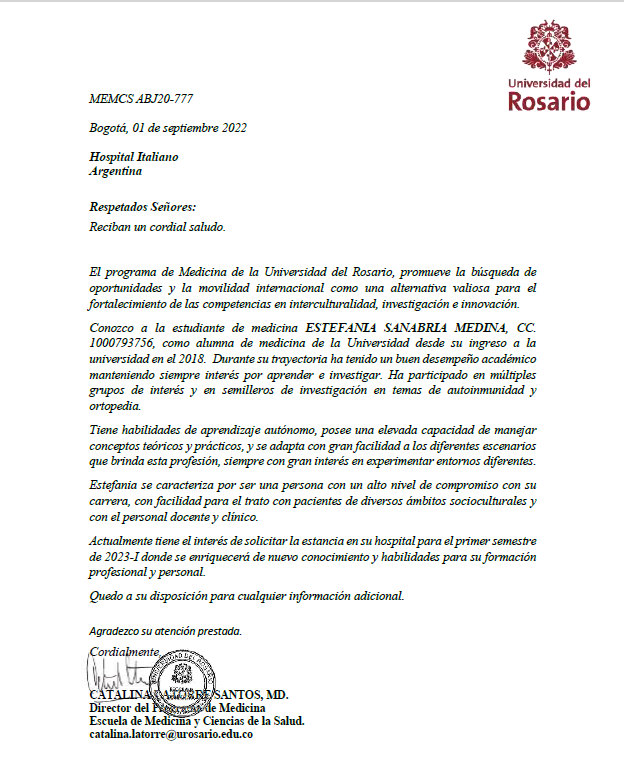 Carta de recomendación hecha por la Dra. Catalina Latorre en donde exalta las virtudes profesionales de Estefanía.