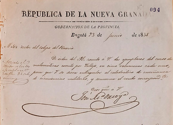 Remisión de libros al Colegio del Rosario, 23-6-1838. AHUR, caja 30 f. 94.
