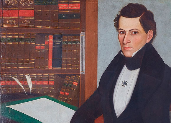 Anónimo. Lorenzo María Lleras (detalle). Museo de la Universidad del Rosario. El termómetro acaso recuerde la época en que defendía conclusiones científicas, como estudiante de Filosofía del Rosario.