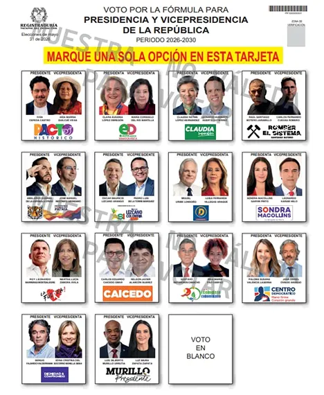 Boletín electoral para elecciones presidenciales 2026 - Tarjetón