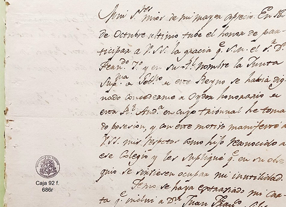 Carta de Ignacio Sandino, 19-1-1809. AHUR caja 92 f. 686r.
