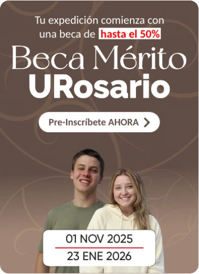 Banner informativo de la Beca Mérito URosario. Incluye el texto “Tu expedición comienza con una beca de hasta el 50%. Pre-inscríbete ahora”. Se muestran dos estudiantes sonrientes sobre un fondo beige con motivos gráficos institucionales. Fechas de preinscripción: del 1 de noviembre de 2025 al 23 de enero de 2026.