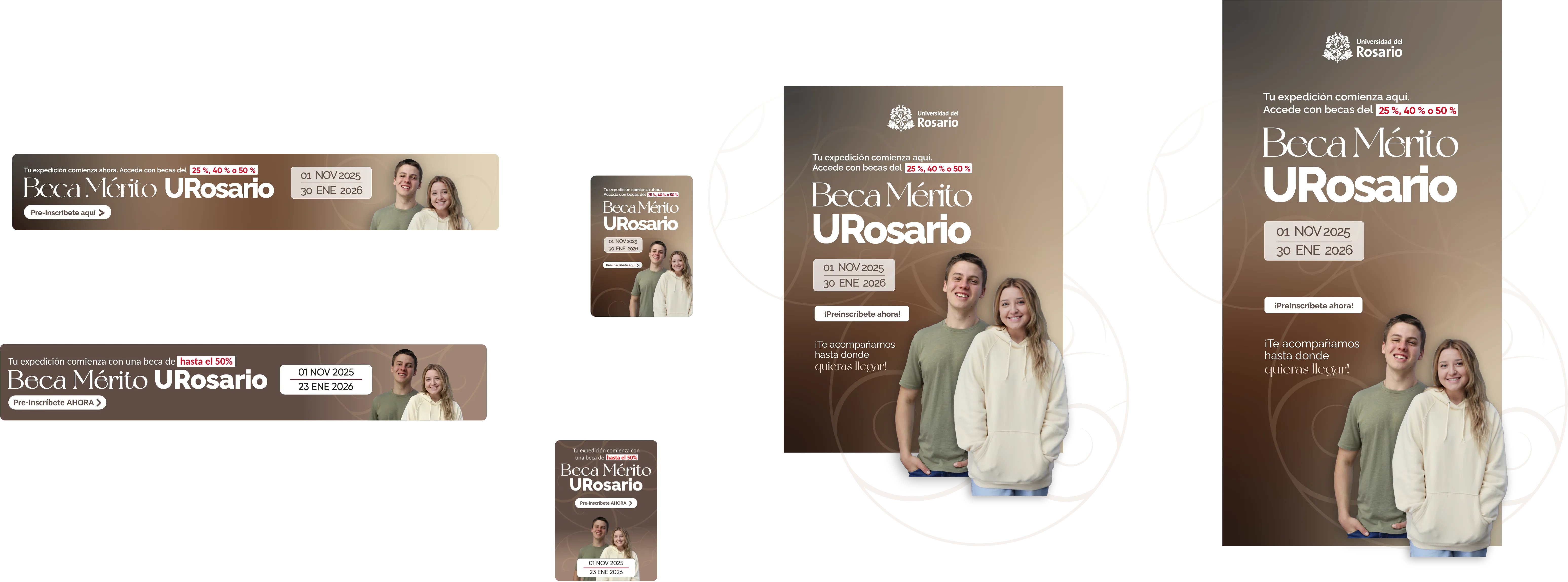 Banner informativo de la Beca Mérito URosario. Incluye el texto “Tu expedición comienza con una beca de hasta el 50%. Pre-inscríbete ahora”. Se muestran dos estudiantes sonrientes sobre un fondo beige con motivos gráficos institucionales. Fechas de preinscripción: del 1 de noviembre de 2025 al 23 de enero de 2026.