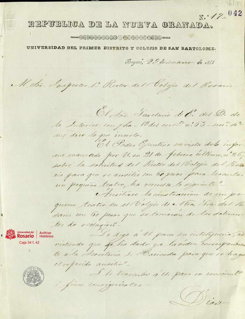 Auxilio de sesenta pesos para construir un teatro en el Claustro. Correspondencia de la Universidad del Primer Distrito y Colegio de San Bartolomé, 29-3-1845. AHUR caja34 f. 42.