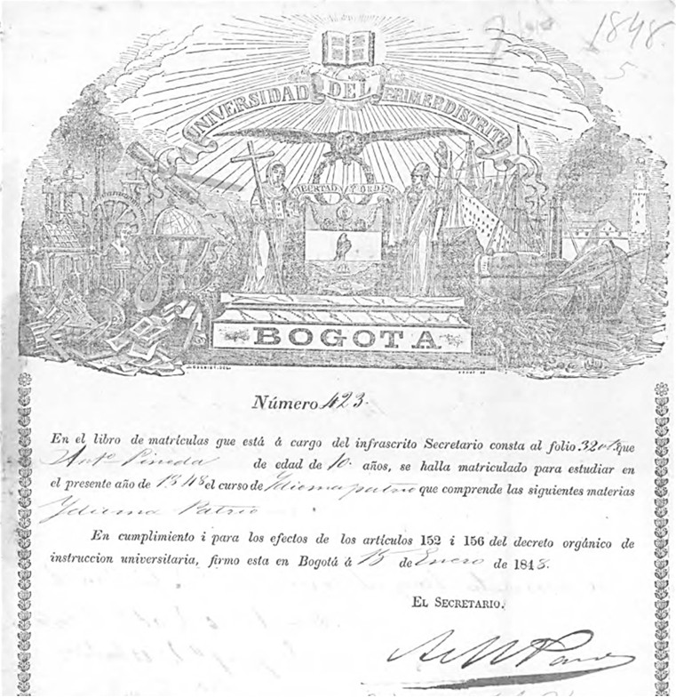 Escudo de la Universidad, en la matrícula de Antonio Pineda. 
