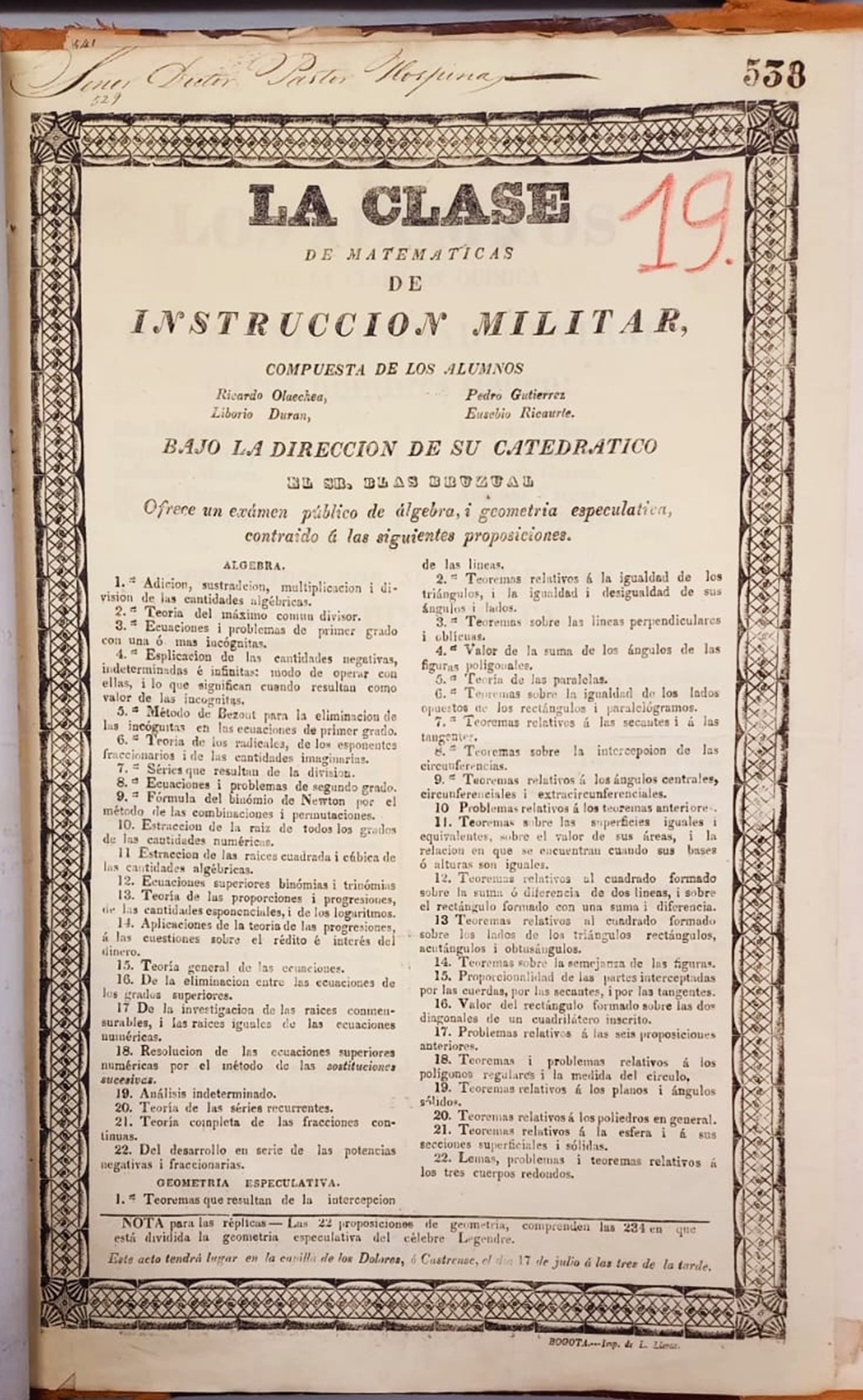 Examen final de la clase de Matemáticas, año 1837-38. Biblioteca Nacional, Fondo Pineda, 948, pieza 19.