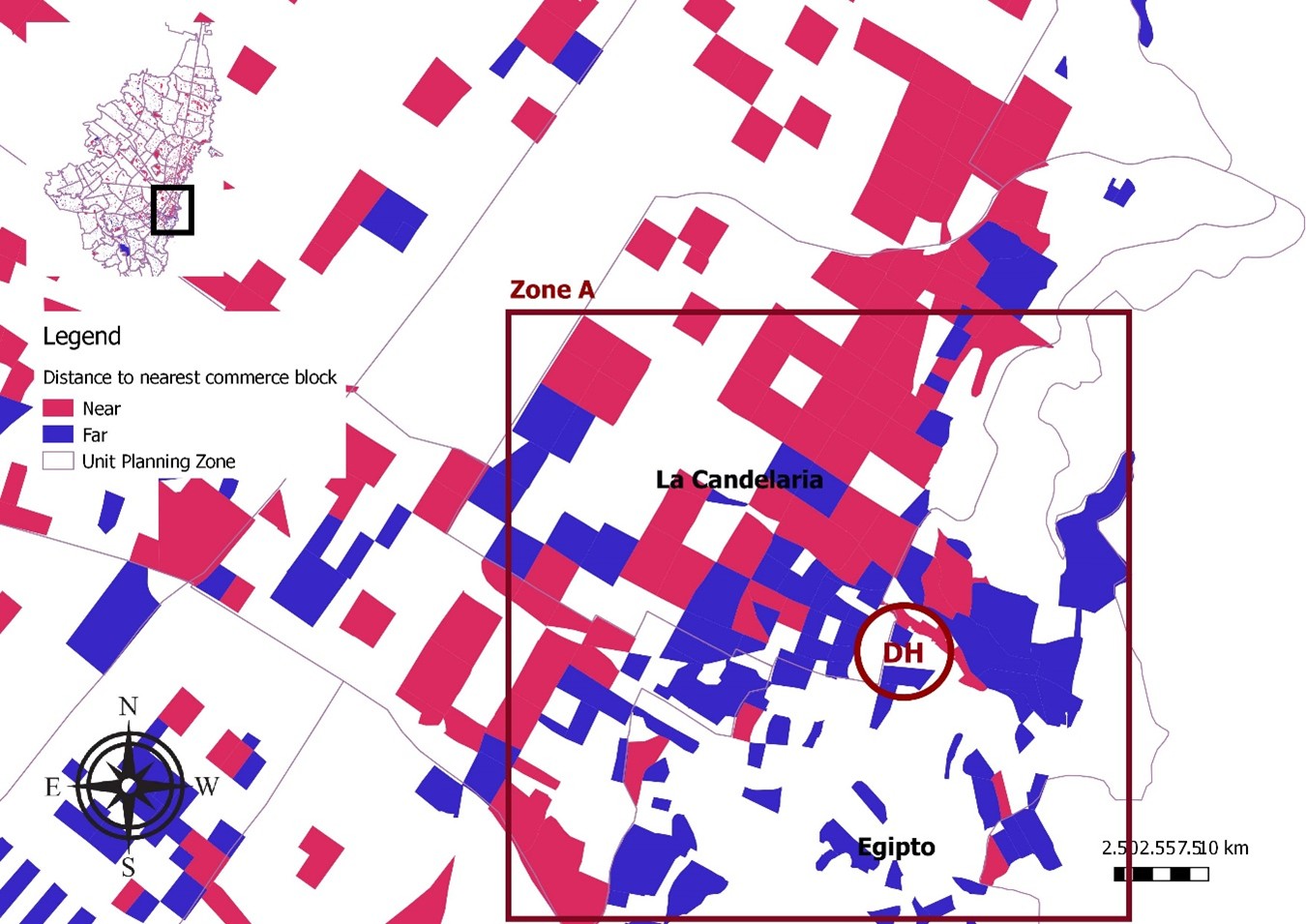 Figura 1. Hogares que se encuentran cerca y lejos de los espacios comerciales más cercanos