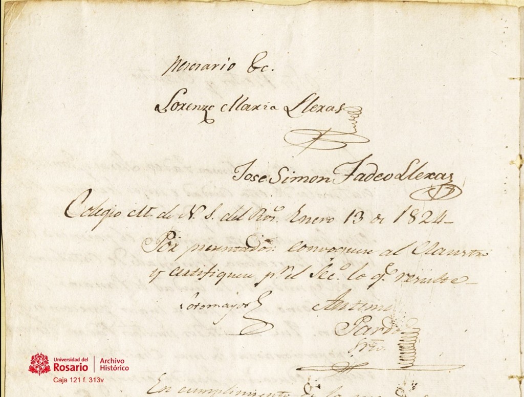 Firma de los hermanos Lleras en su solicitud de ingreso al Rosario, 13-1-1824. AHUR caja 121 f. 313v.