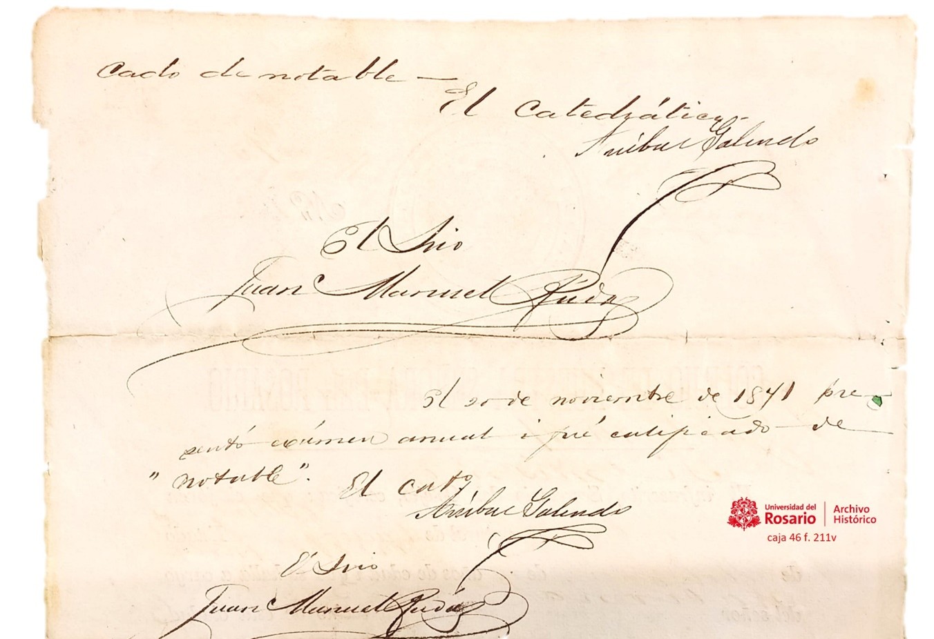 Firma del catedrático Aníbal Galindo, veinte de noviembre de 1871.