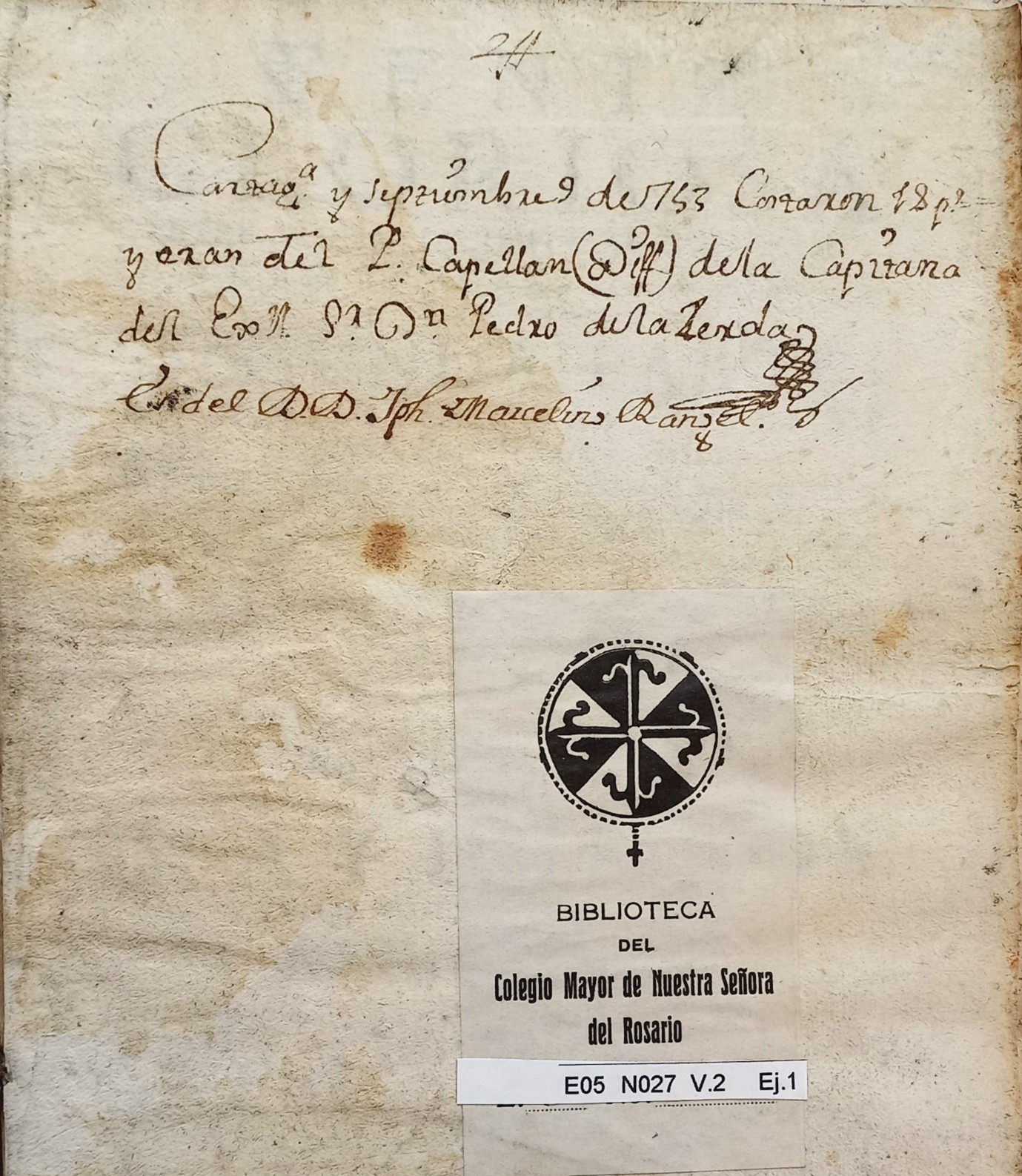 Firma del Dr. Rangel en una obra de Manuel Gouveia (Lisboa, 1743). AHUR E05 N027.
