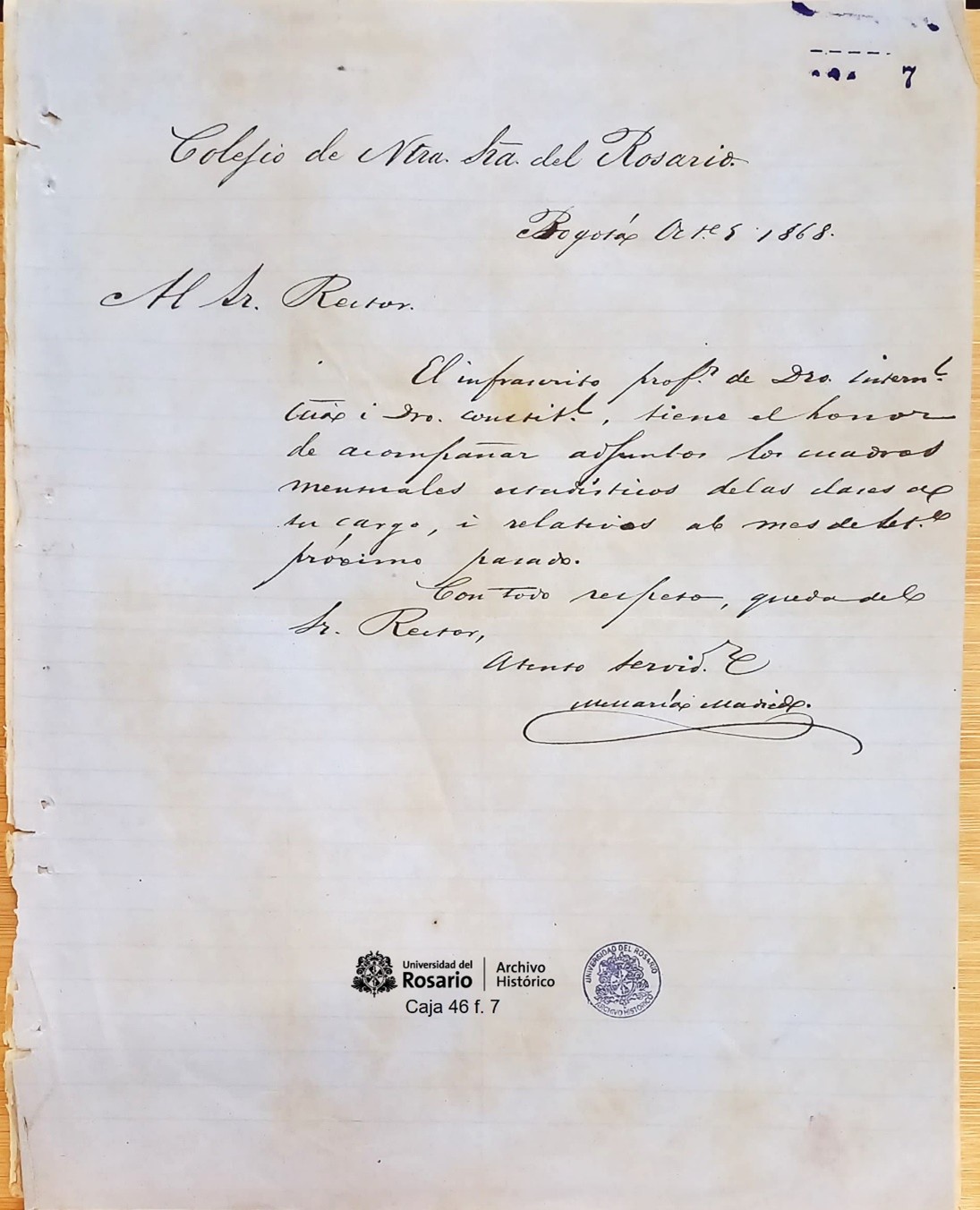 El Dr. Madiedo, profesor de Derecho internacional, Ciencia y Derecho constitucional, informa el desempeño de sus clases en septiembre de 1868.