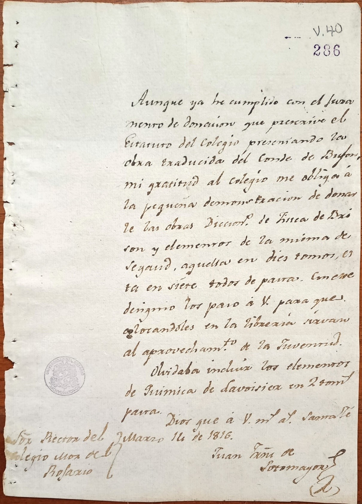 Nota de donación del Dr. Fernández de Sotomayor, AHUR caja 40 f. 286.