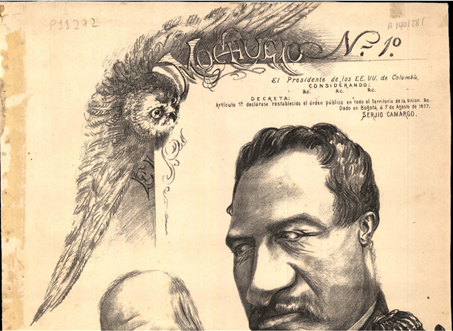 Primer número de El Mochuelo, con la caricatura del general Camargo y el texto del Decreto n. 470 de 1877 (7 de agosto), que daba fin a la guerra. Biblioteca virtual – Banco de la República.