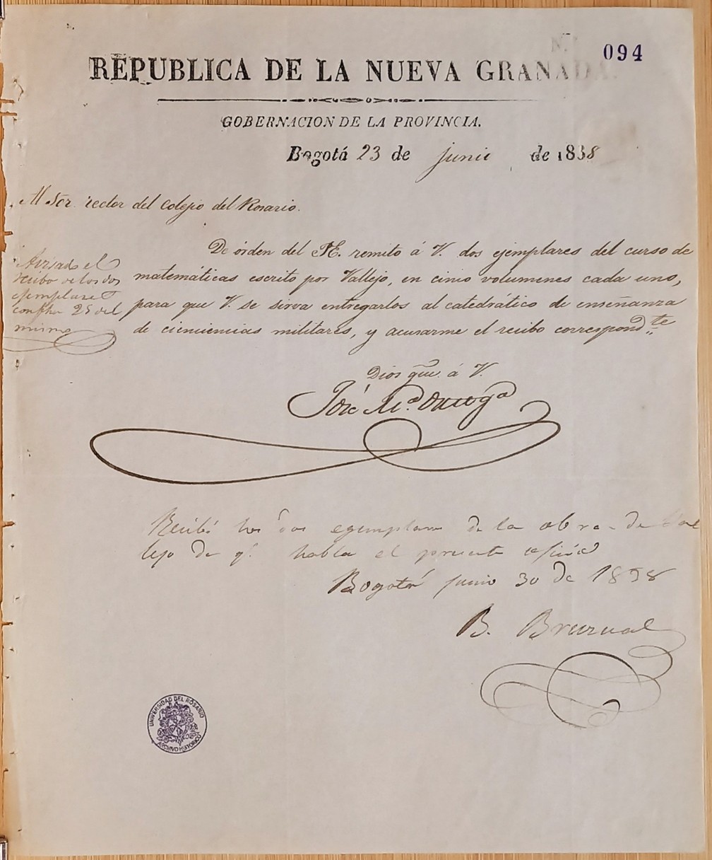 Remisión de libros al Colegio del Rosario, 23-6-1838. AHUR, caja 30 f. 94.