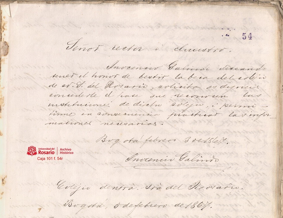 Solicitud de beca de Inocencio Galindo, cinco de febrero de 1867.