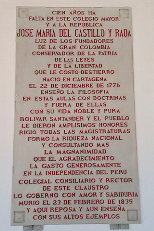 Placa en honor a José María del Castillo y Rada en la Universidad del Rosario